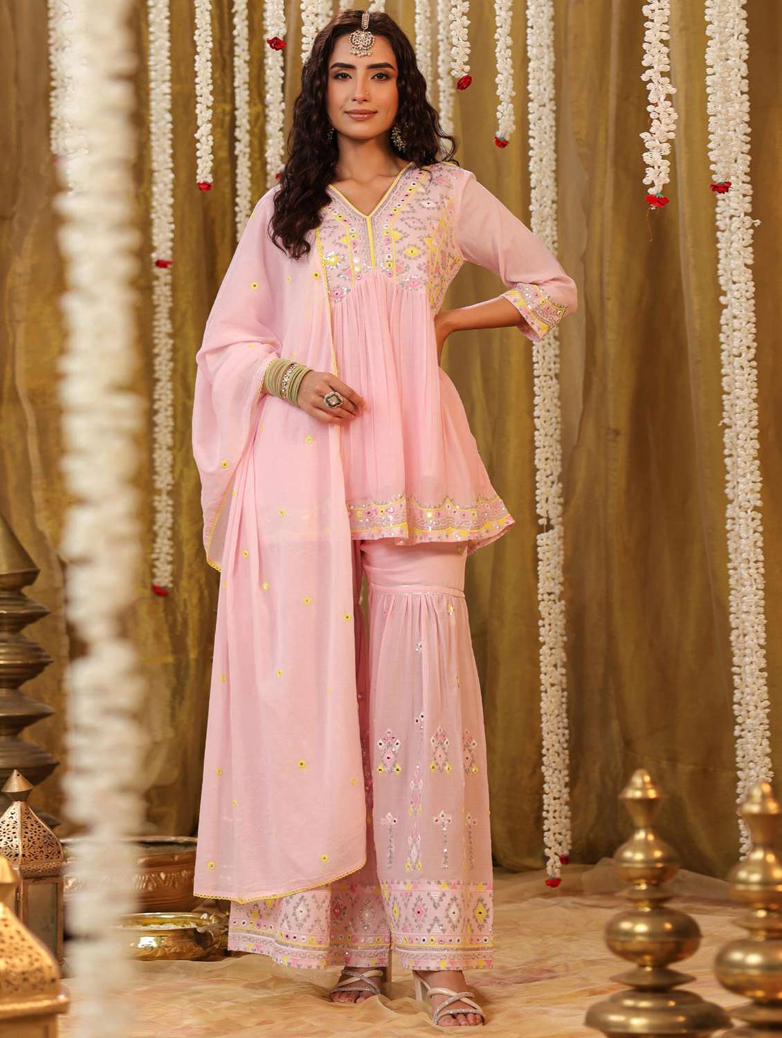 women mirror work kurta sharara set