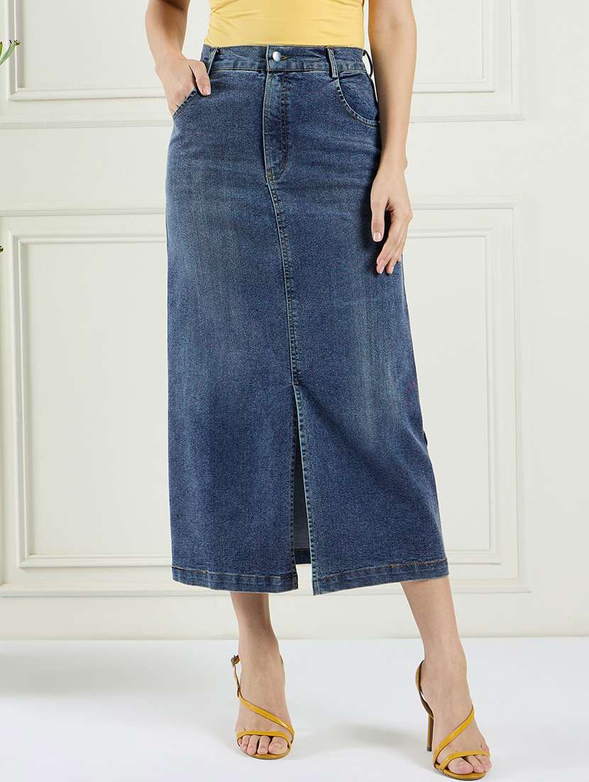women blue denim a-line skirt