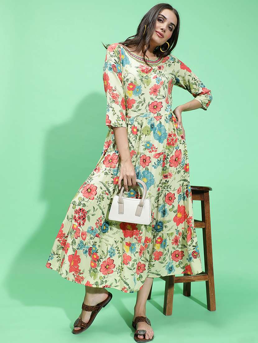 green floral printed fit & flare dress