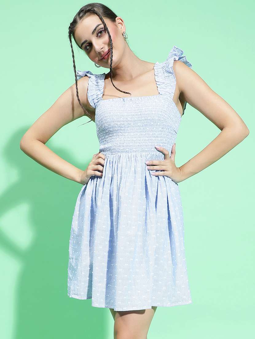 Women Light Blue Cotton Fit & Flare Dress - 21382643 -  Standard Image - 1