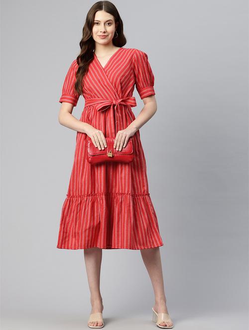 women red stripes short sleeve tiered dress - 21382665 -  Standard Image - 0
