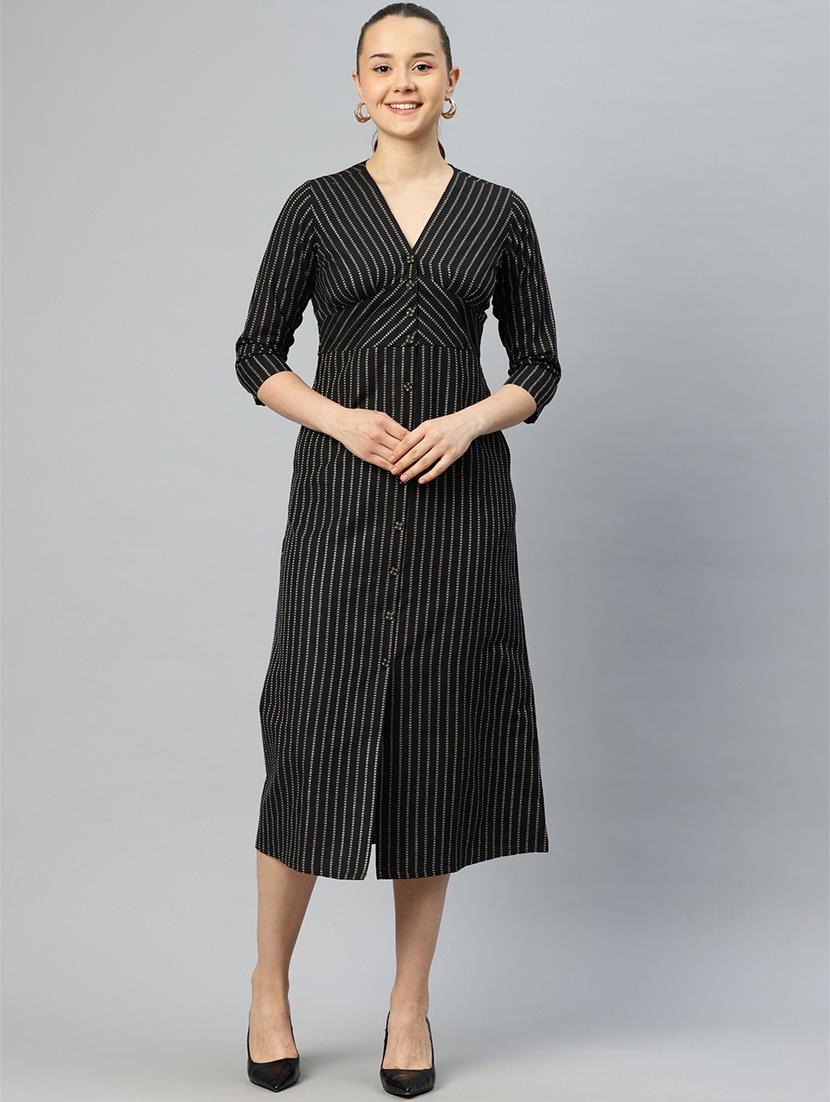 women black stripes printed a-line dress - 21382670 - Standard Image - 1