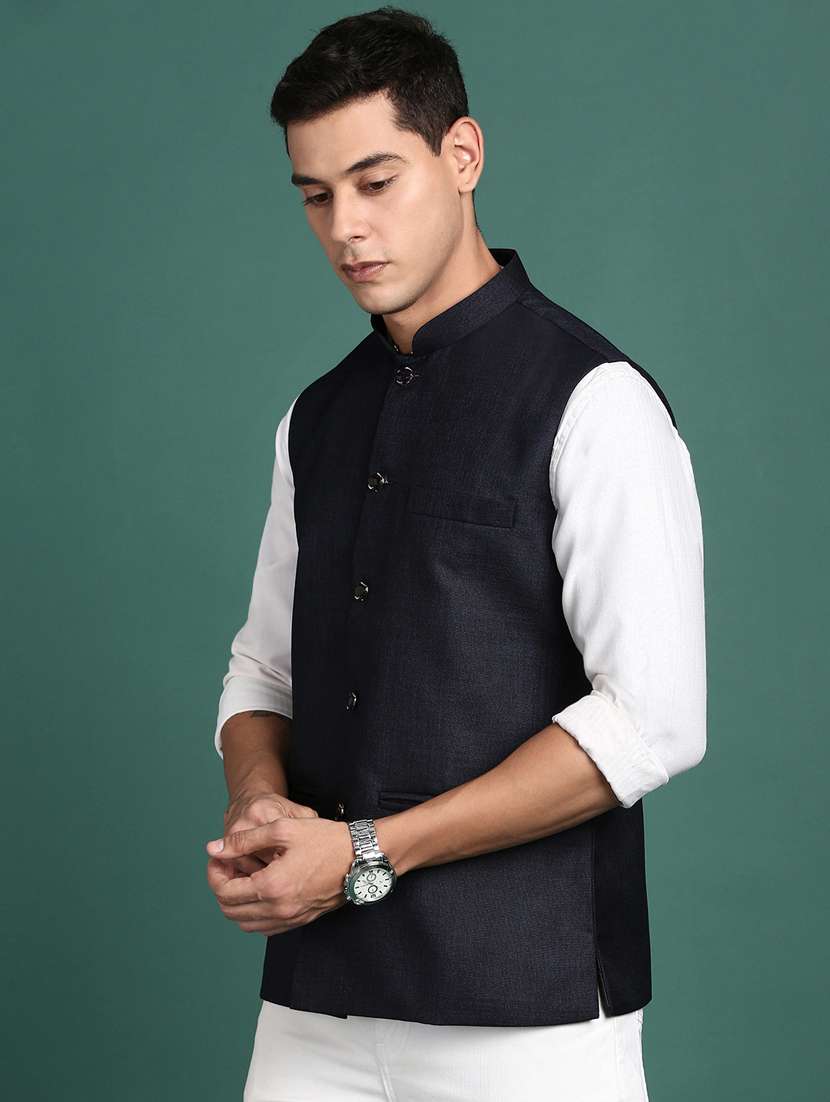 navy blue solid cotton nehru jacket - 21383270 -  Standard Image - 1