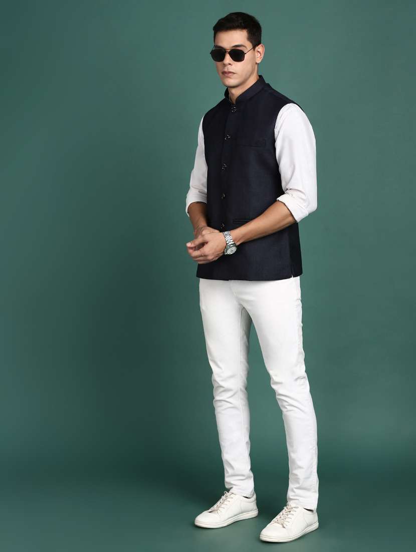 navy blue solid cotton nehru jacket - 21383270 -  Standard Image - 4