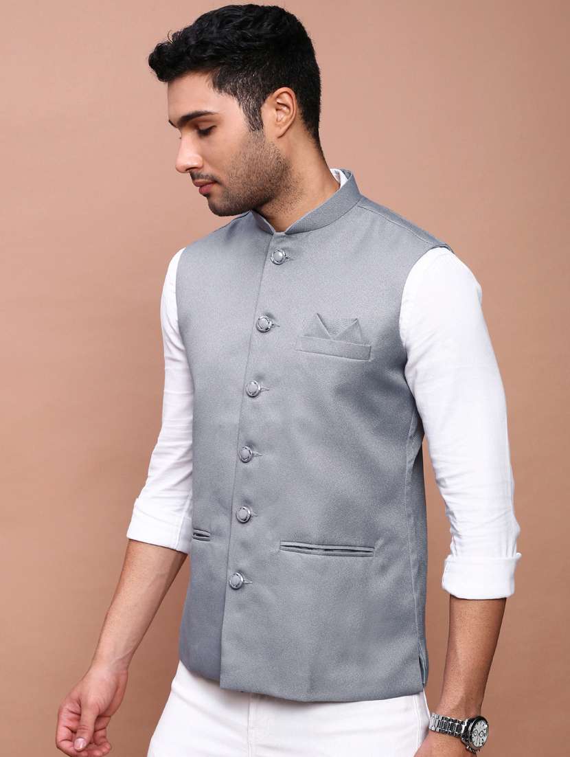 men mandarin neck solid nehru jacket - 21383279 -  Standard Image - 1