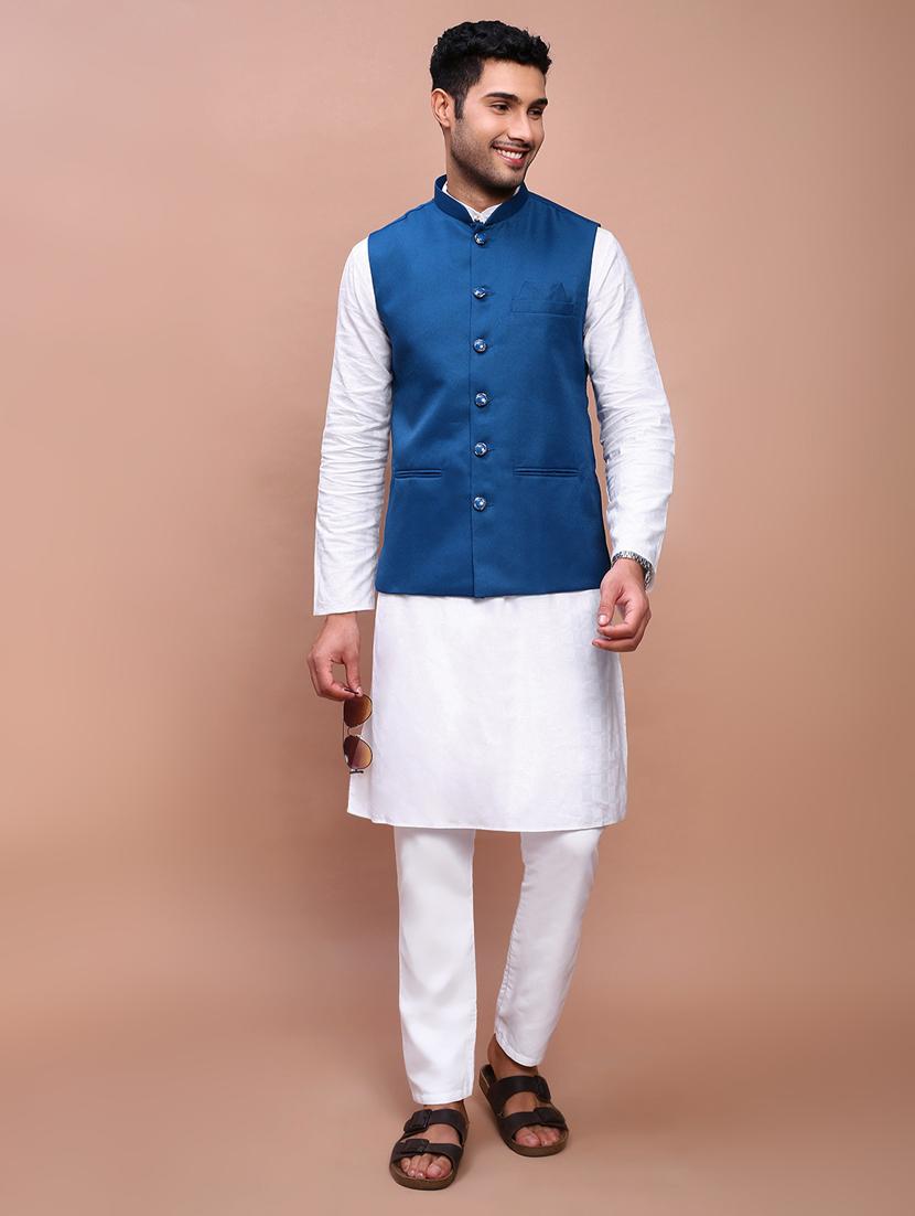 turquoise solid cotton nehru jacket - 21383280 - Standard Image - 4