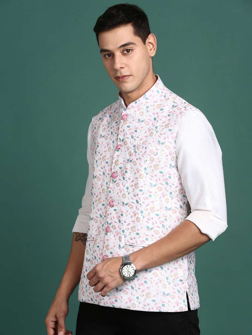 off white printed cotton nehru jacket - 21383282 - Standard Image - 1