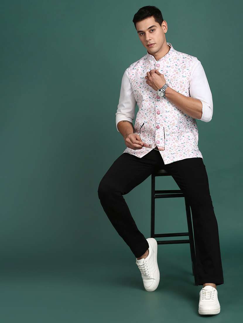 off white printed cotton nehru jacket - 21383282 - Standard Image - 4