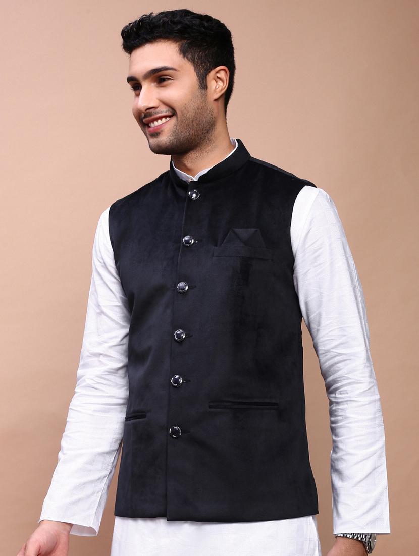 men mandarin neck solid nehru jacket - 21383287 -  Standard Image - 1