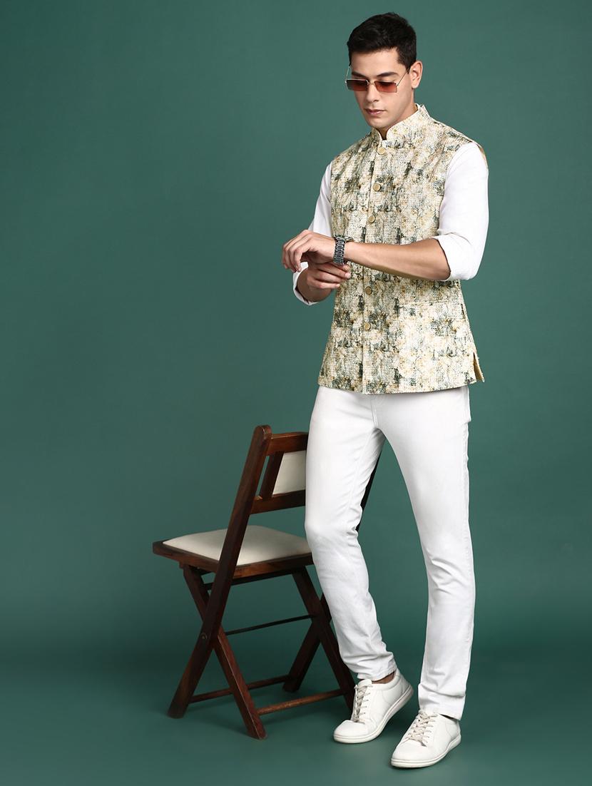 cream cotton blend nehru jacket - 21383290 - Standard Image - 4