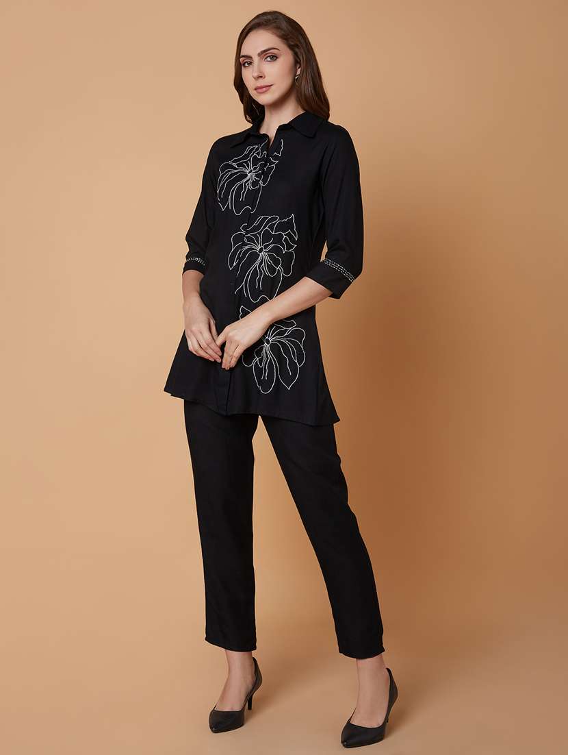 black cotton blend top and trouser set coord - 21383315 -  Standard Image - 1