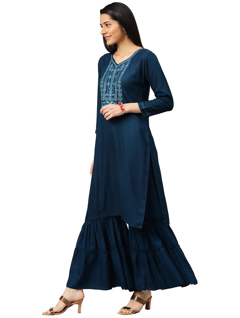 teal embroidered kurta sharara set - 21383479 -  Standard Image - 1