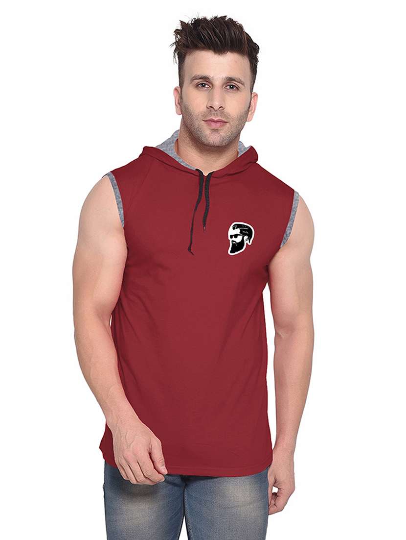men solid sleeveless hooded t-shirt