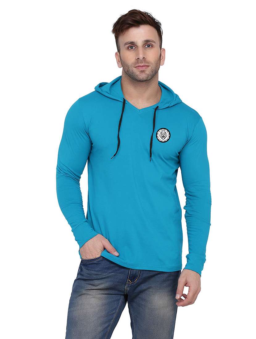 men solid long sleeve hooded t-shirt