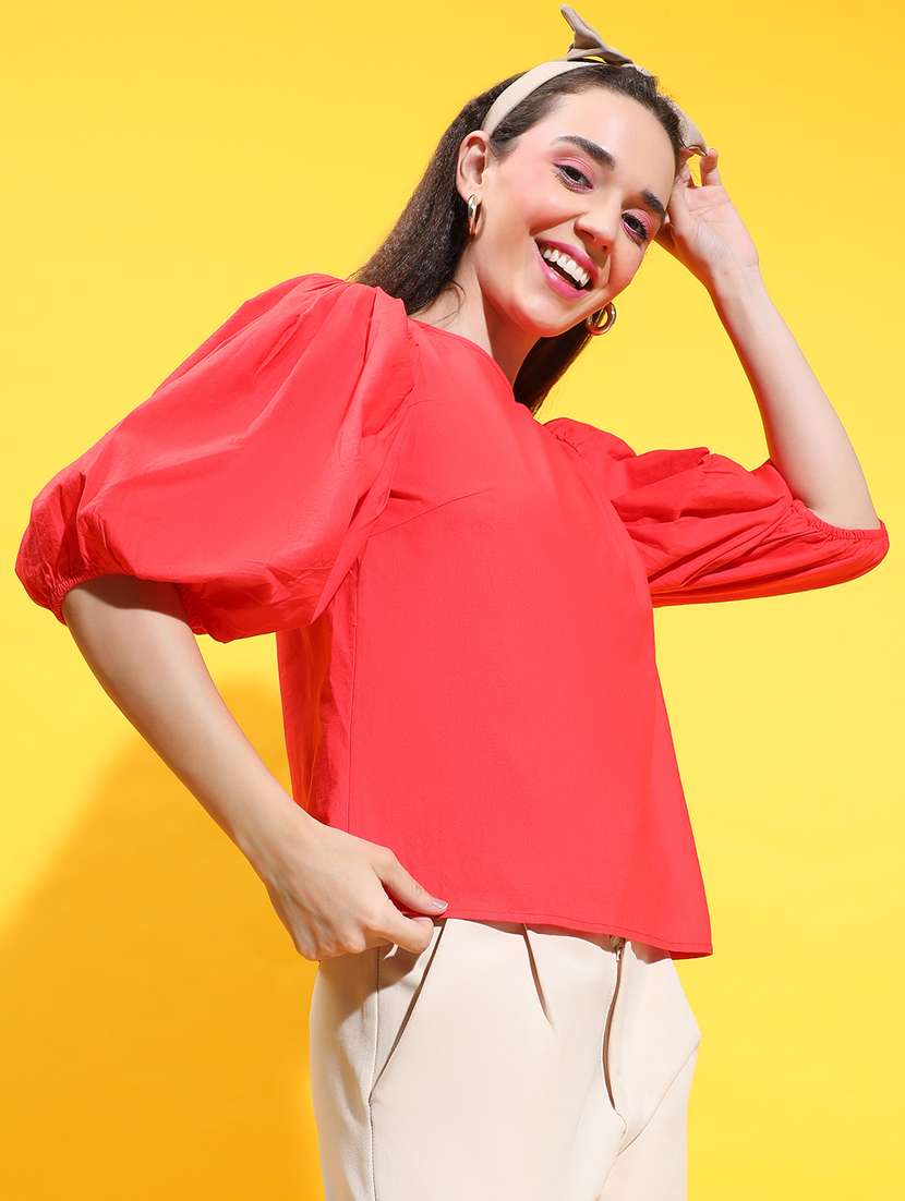 women red solids round neck top - 21384983 -  Standard Image - 1