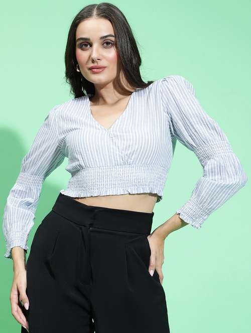 women purist blue stripe printed crop top - 21384989 -  Standard Image - 0