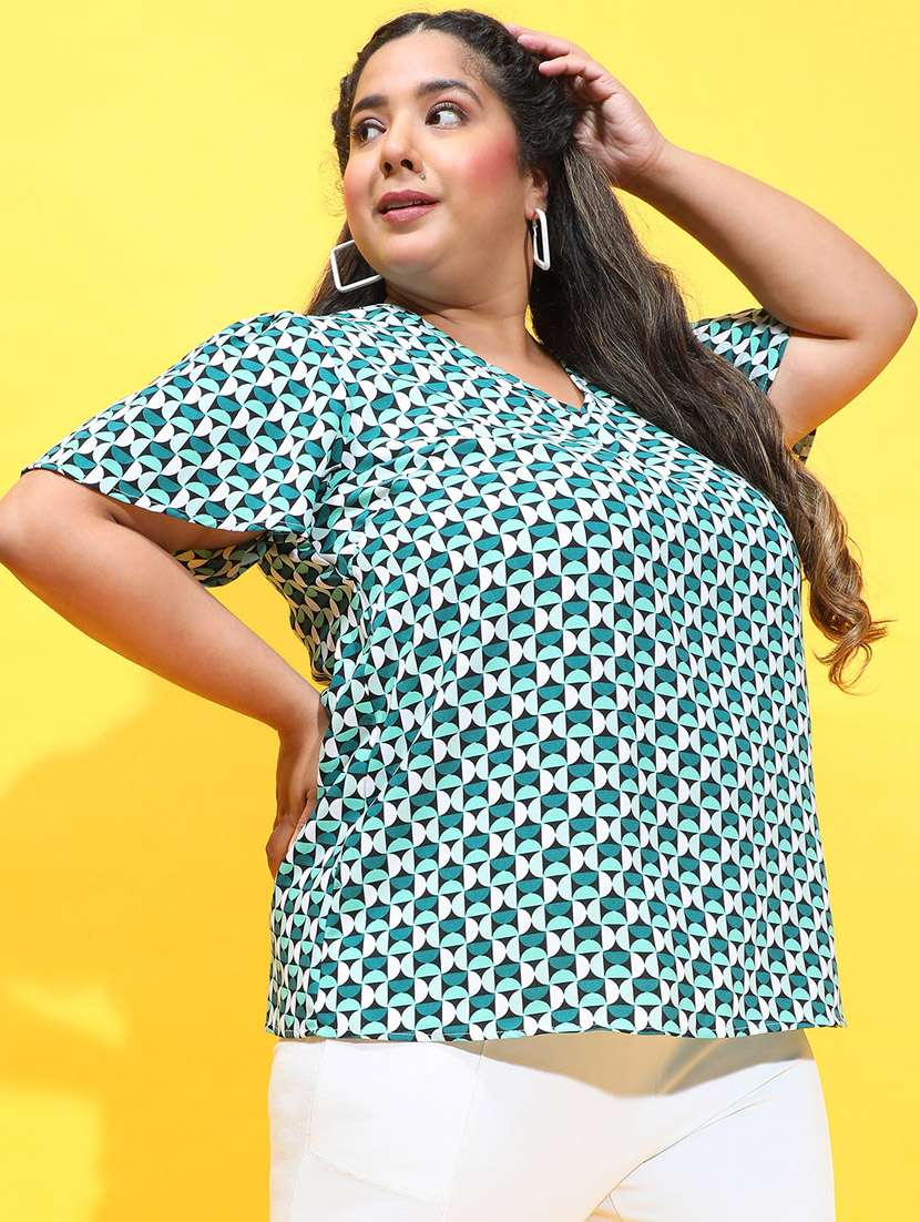 women green geometric printed plus size top - 21385009 -  Standard Image - 1