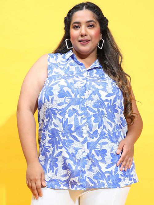 women blue printed plus size shirt - 21385025 - Standard Image - 0
