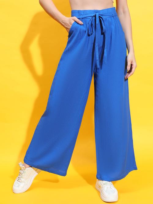 women blue linen wide leg trouser - 21385279 - Standard Image - 0