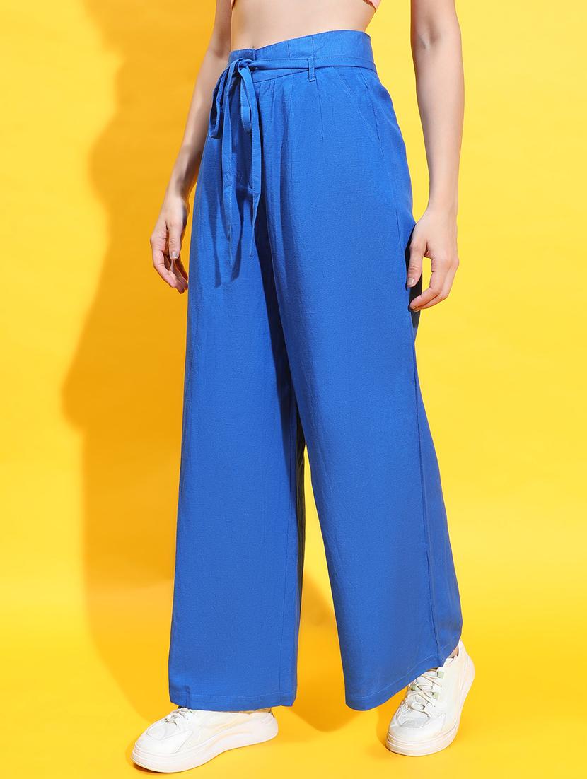 women blue linen wide leg trouser - 21385279 - Standard Image - 1