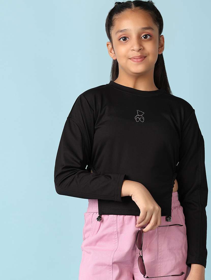 girls chest printed side cut detailed long sleeves tee - 21385472 -  Standard Image - 1