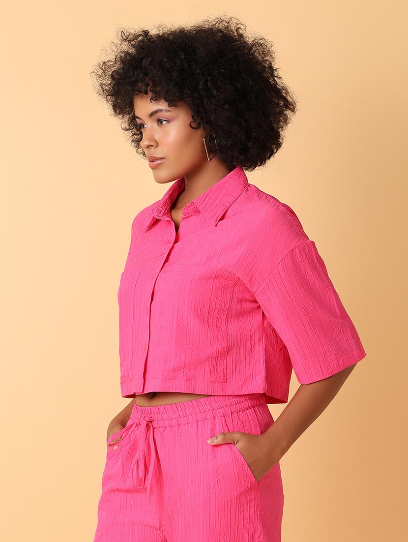 women pink solid short sleeve crop shirt - 21385474 - Standard Image - 1