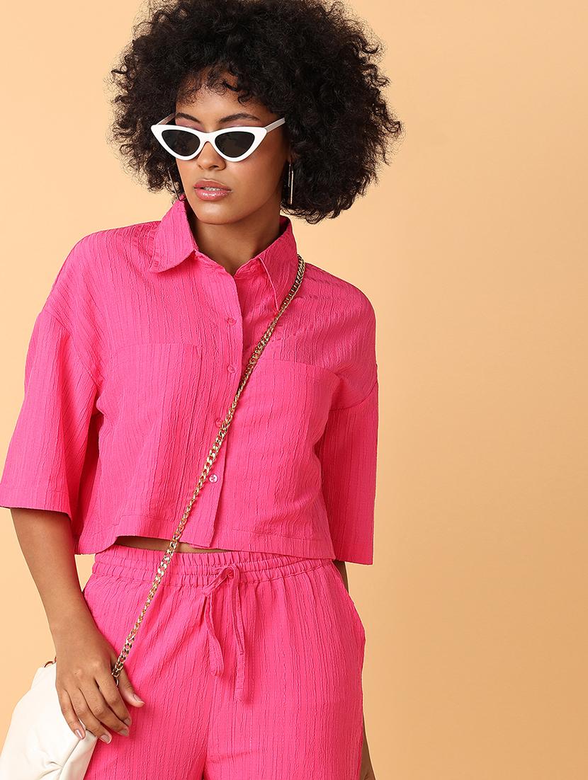 women pink solid short sleeve crop shirt - 21385474 - Standard Image - 4