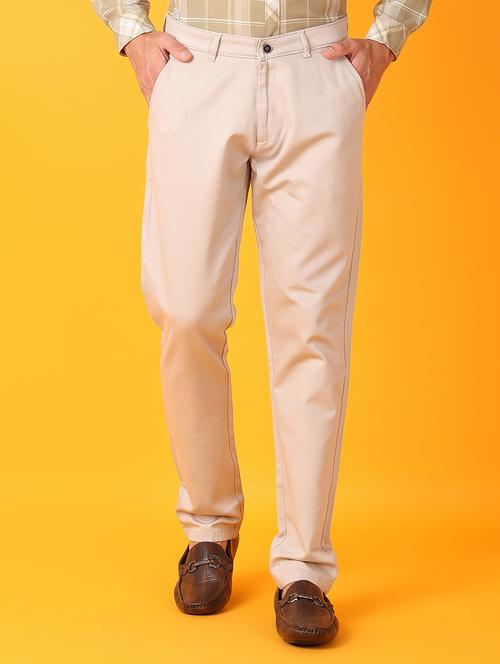 men cream solid chinos casual trouser - 21385516 - Standard Image - 0