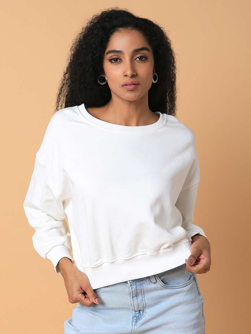 white solid round neck sweatshirt