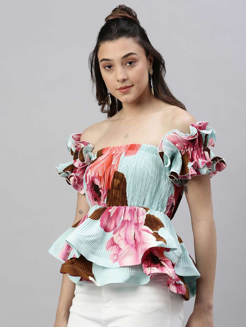 turquoise floral printed peplum top - 21387393 -  Standard Image - 1