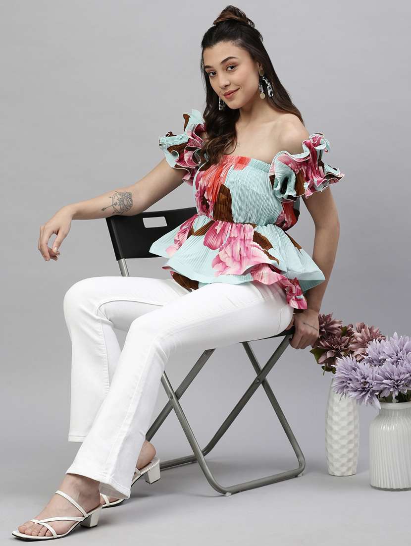 turquoise floral printed peplum top - 21387393 -  Standard Image - 4