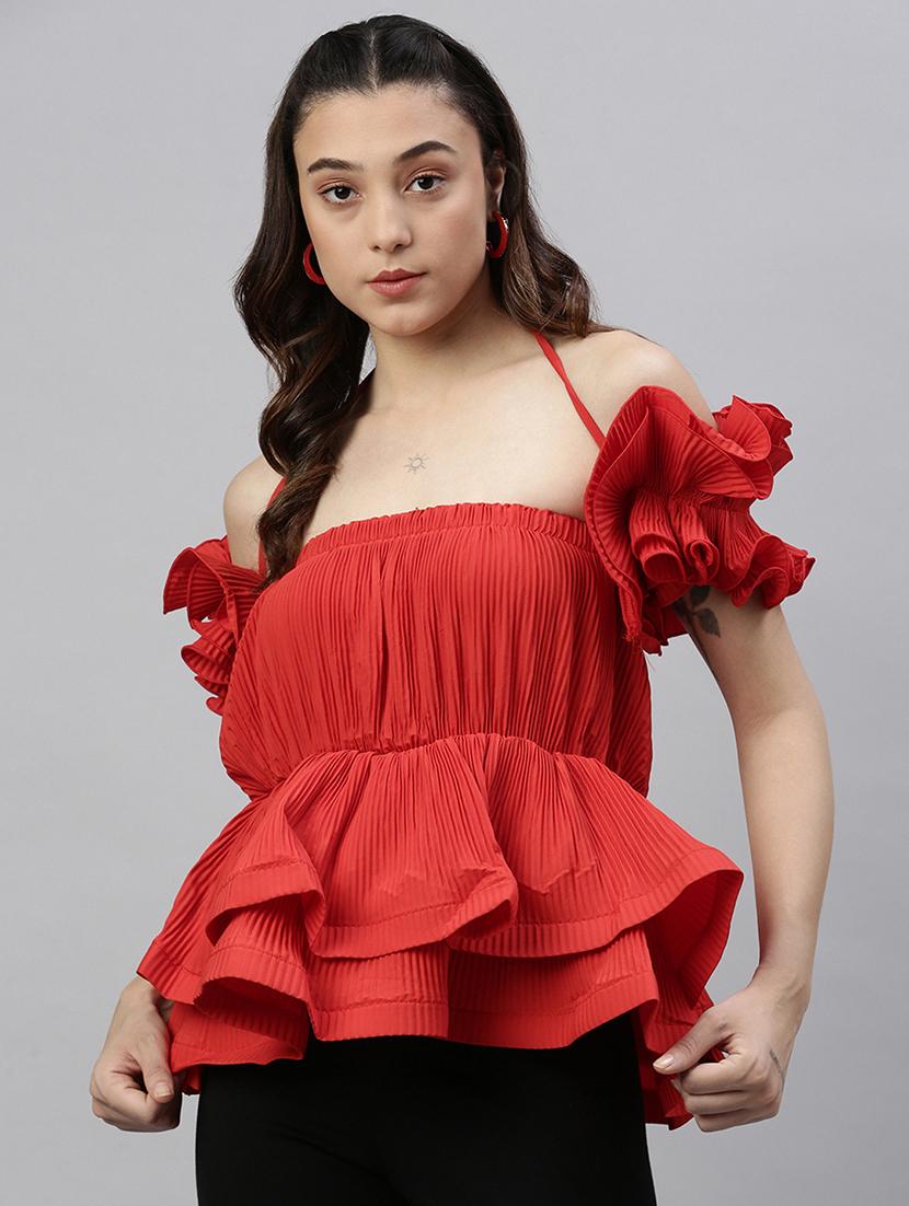 red solid peplum top - 21387395 - Zoom Image - 0