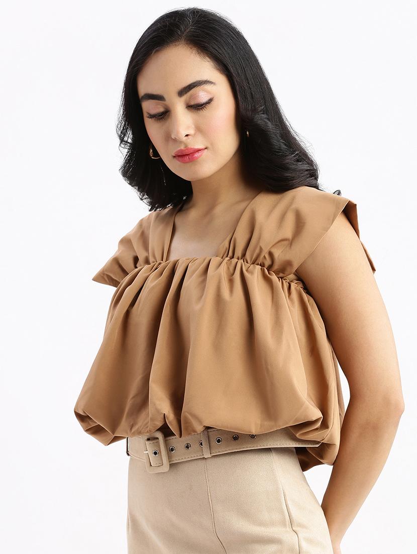 brown solid blouson top - 21387437 -  Standard Image - 1