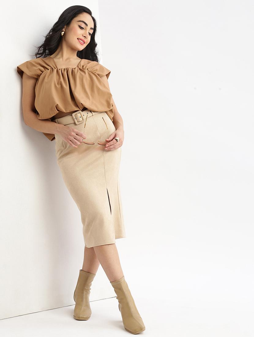 brown solid blouson top - 21387437 - Standard Image - 4