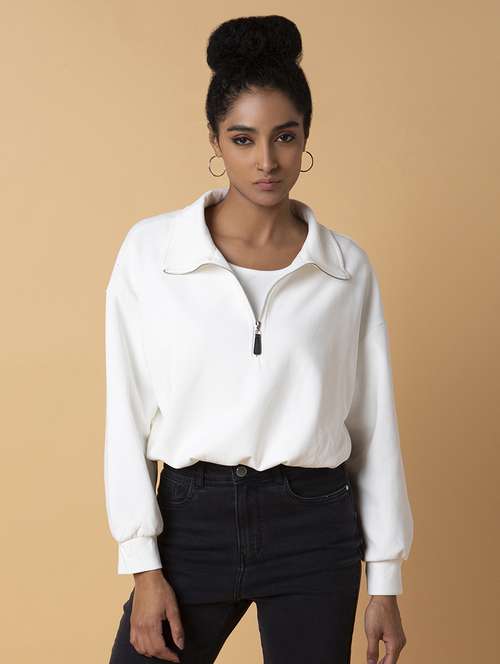 women solid collared long sleeve crop pullover