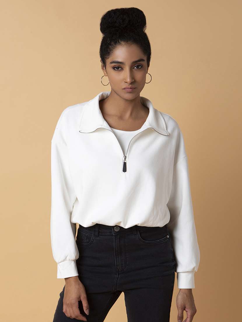women solid collared long sleeve crop pullover - 21387443 - Zoom Image - 0