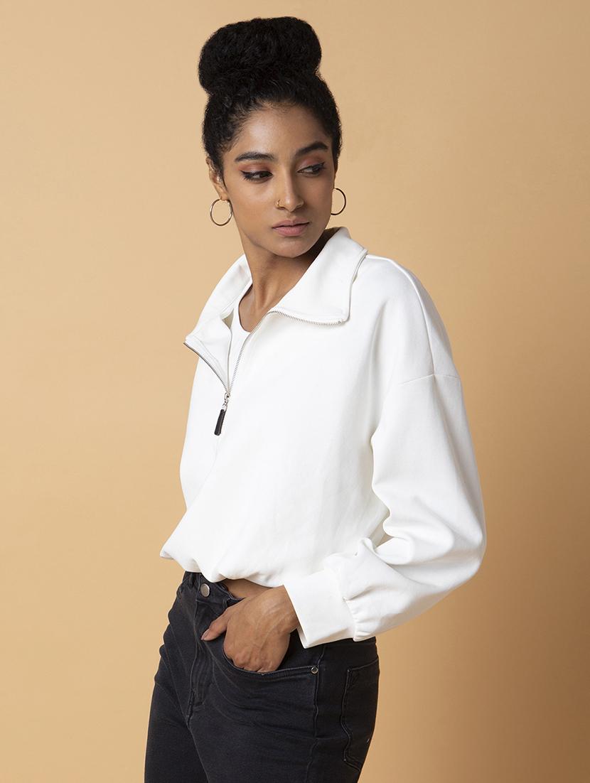 women solid collared long sleeve crop pullover - 21387443 - Standard Image - 1