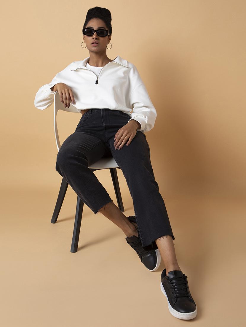 women solid collared long sleeve crop pullover - 21387443 - Standard Image - 4