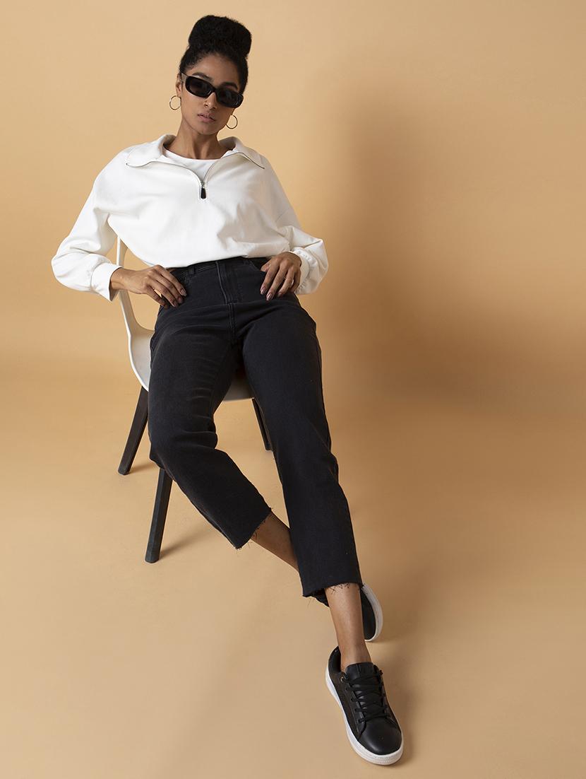 women solid collared long sleeve crop pullover - 21387443 - Standard Image - 6
