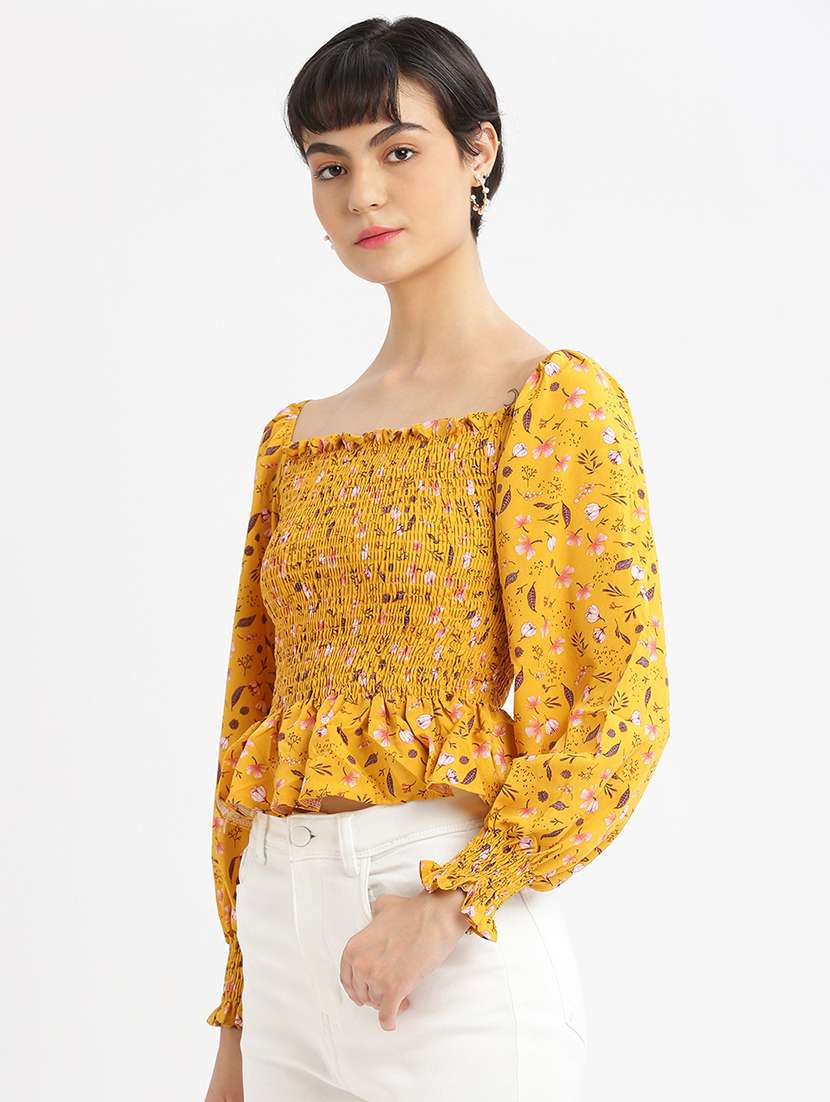 mustard floral printed peplum top - 21387489 -  Standard Image - 1