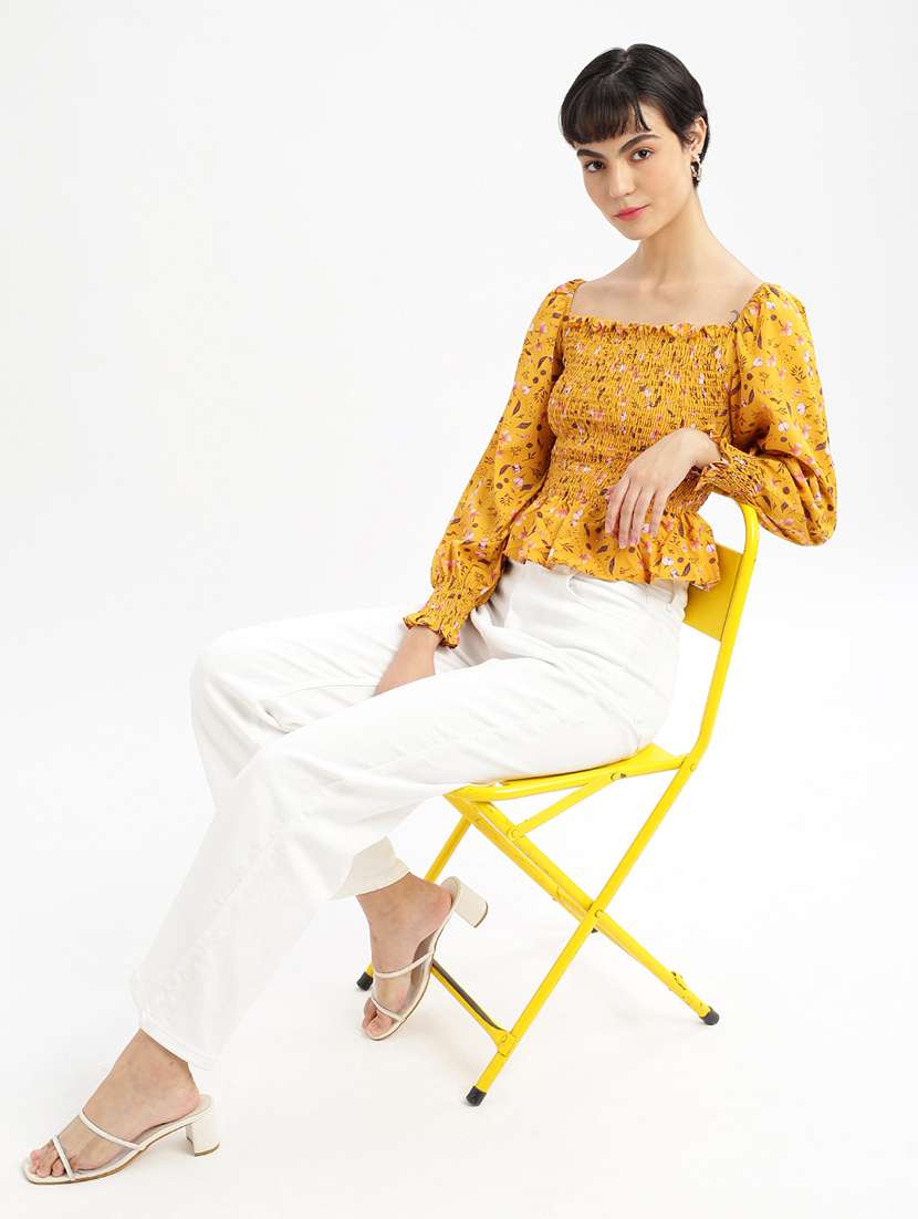 mustard floral printed peplum top - 21387489 -  Standard Image - 4