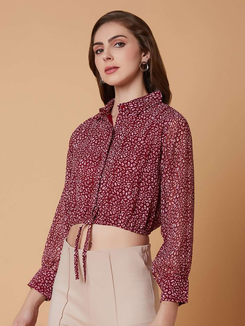 maroon animal printed crop top - 21387506 -  Standard Image - 1