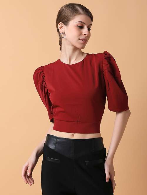 maroon solid crop top - 21387511 - Standard Image - 0