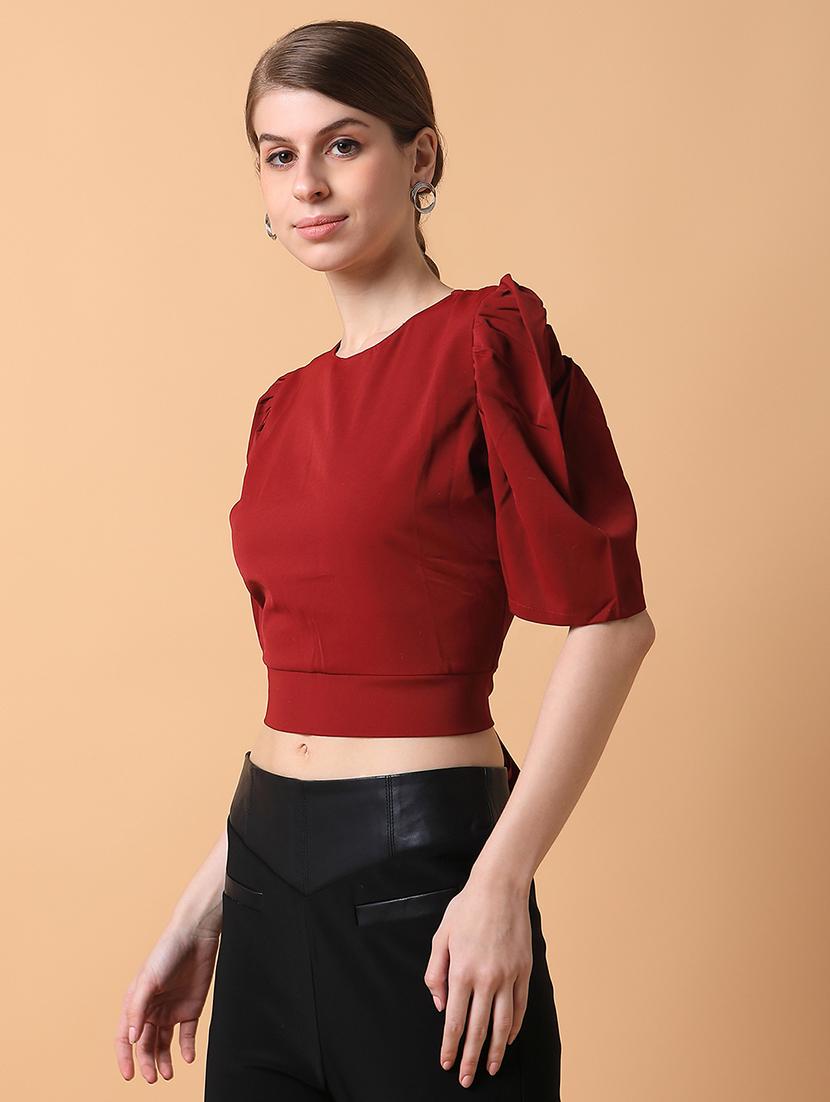 maroon solid crop top - 21387511 -  Standard Image - 1