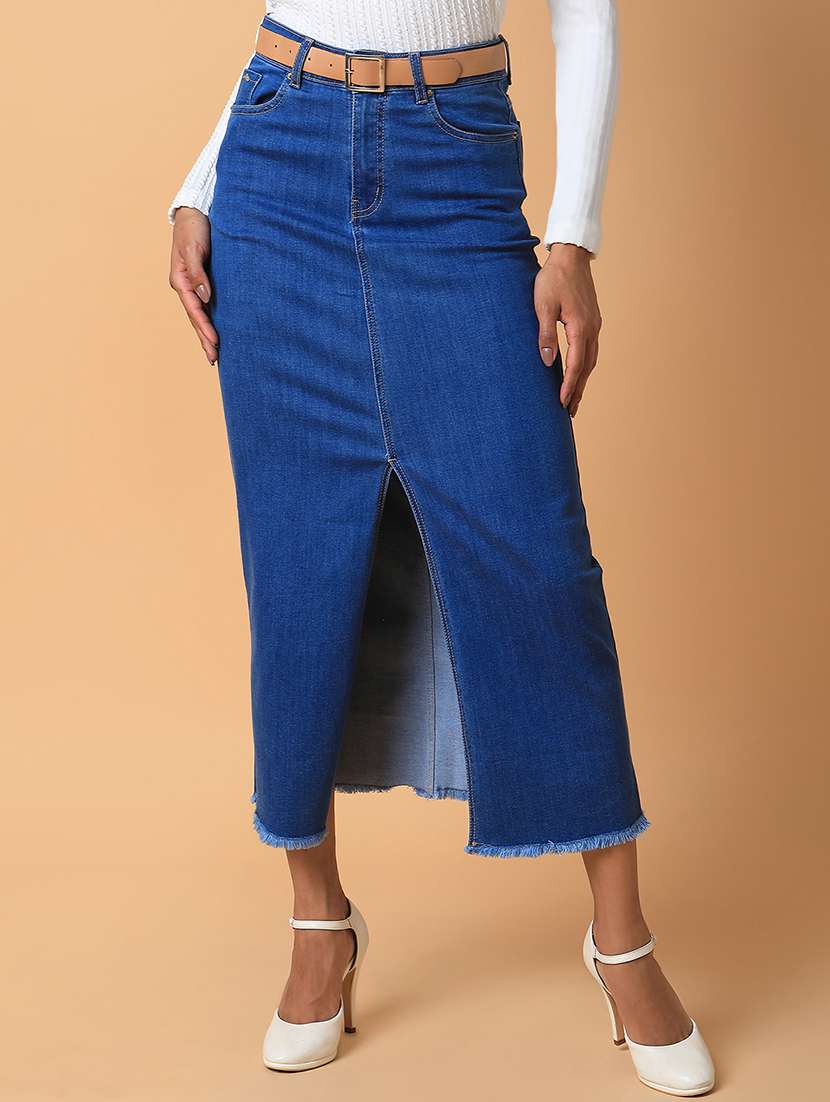 women blue denim solids straight skirt