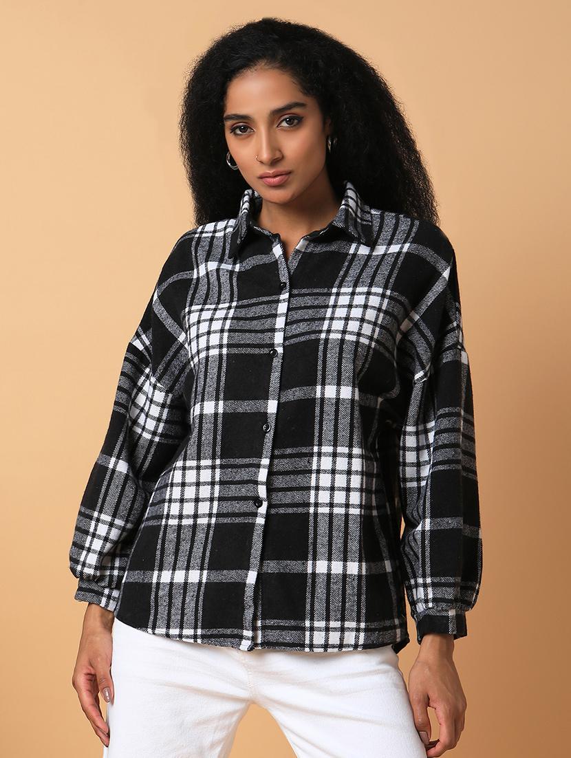 women black checks printed oversized shirt - 21387556 -  Zoom Image - 0