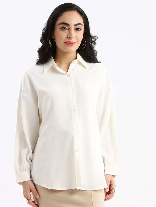 women cream crepe boxy shirt - 21387577 - Standard Image - 0