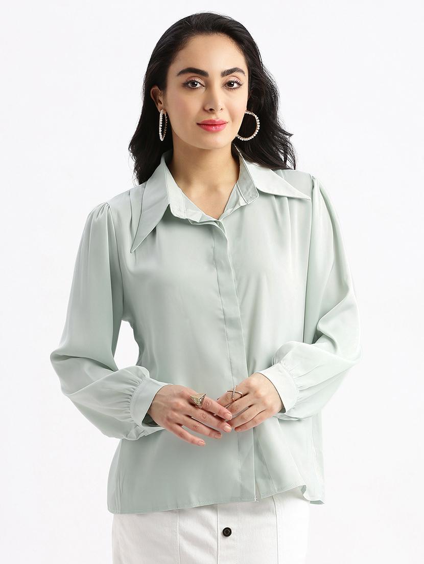 sea green solid satin boxy shirt - 21387613 - Standard Image - 1