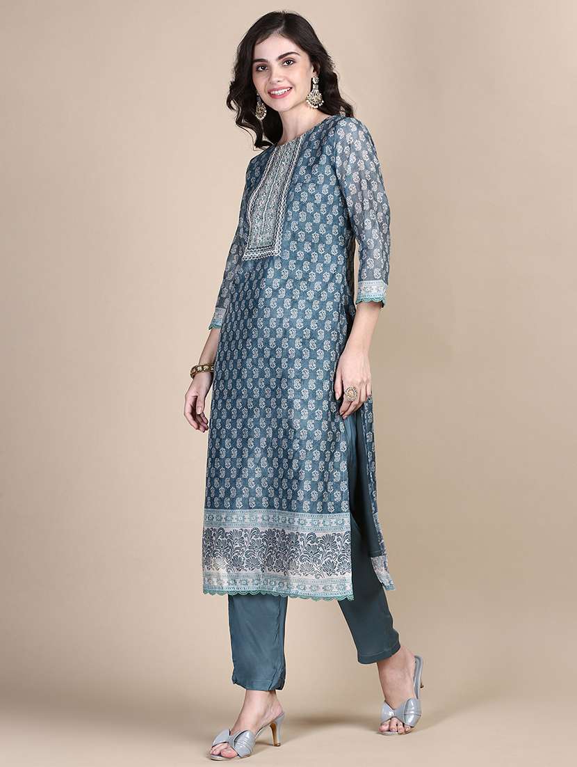 women block print round neck kurta pant set with dupatta - 21387678 -  Standard Image - 1