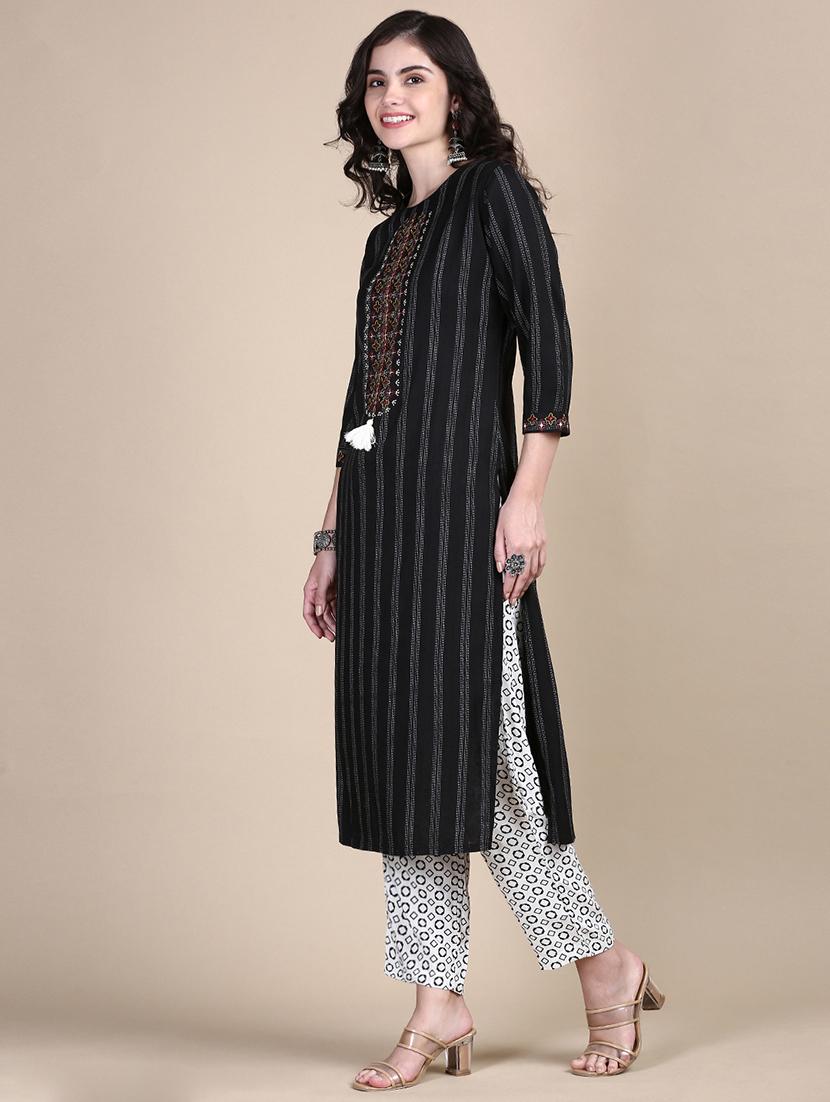 women stripes round neck kurta pant set - 21387684 - Standard Image - 1